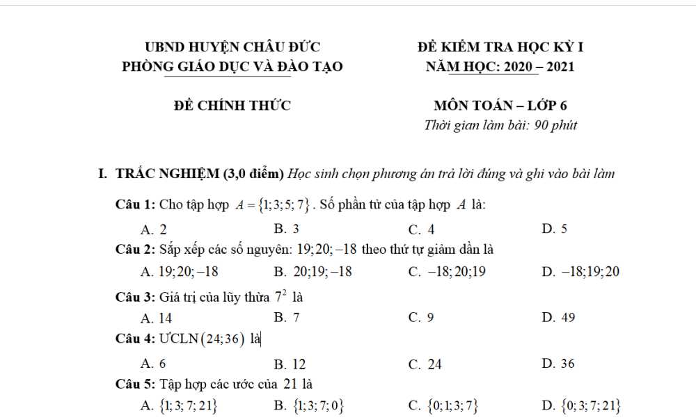 Toán 6-Đề kiểm tra cuối kì 1 Phòng GD&ĐT huyện Châu Đức năm học 2020-2021